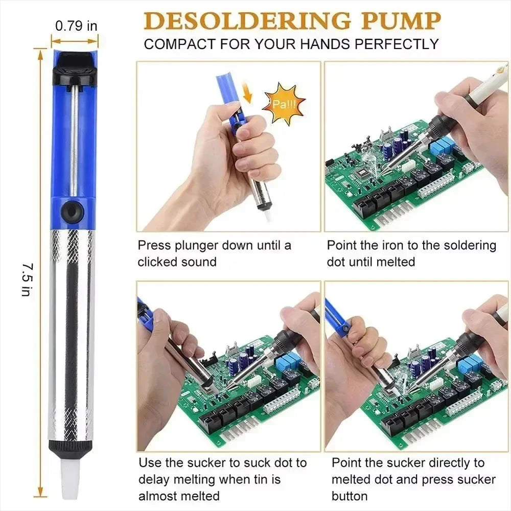 A soldering pump tool shown in various steps demonstrating how to use the plunger and solder components.
