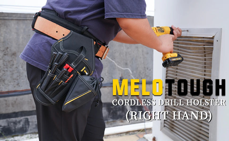 Una persona usa un taladro inalámbrico amarillo y destornillador de impacto, demostrando la funda para la mano derecha de Mel