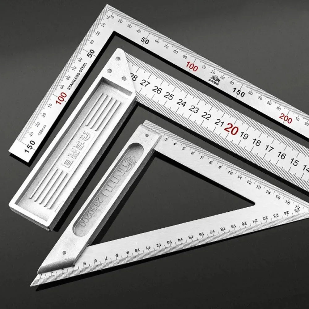 A precision aluminum square angle ruler with markings and a rectangular scale shown against a dark background.