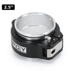 A black aluminum V-band clamp with a silver fitting is shown against a white background.