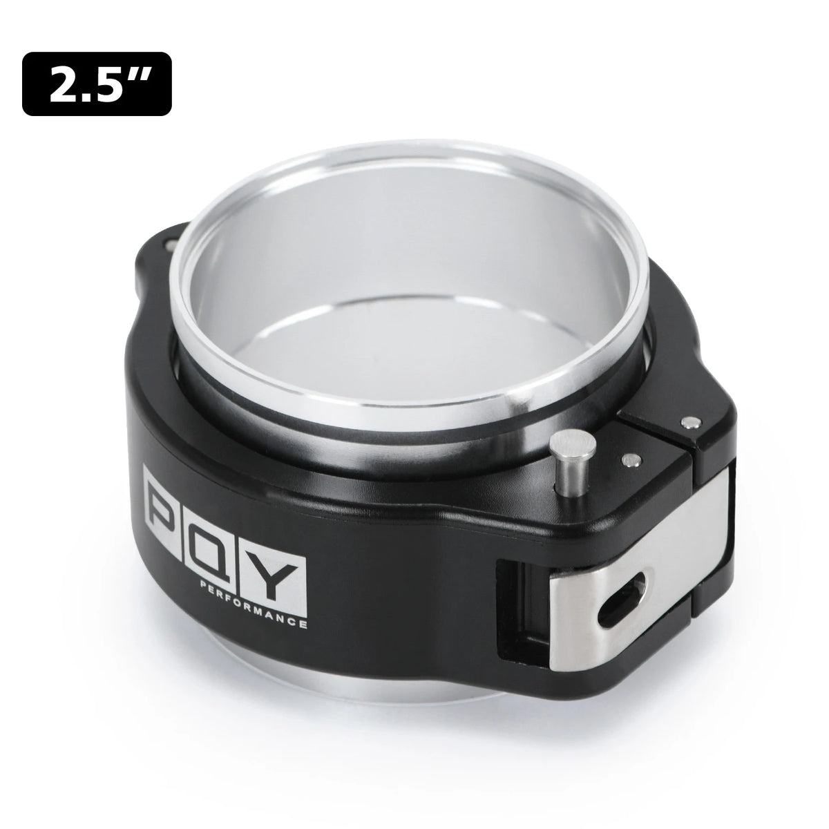 A black aluminum V-band clamp with a silver fitting is shown against a white background.