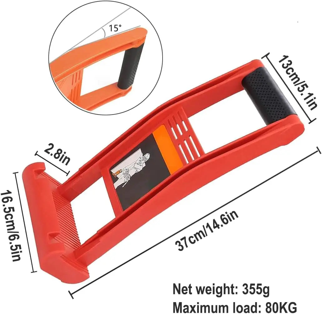 Herramienta transportadora de paneles y tableros naranja resistente con agarre negro, mostrando sus dimensiones y capacidad d
