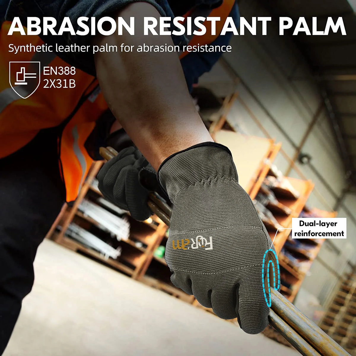 A hand wearing a dark gray abrasion resistant work glove grips a metal bar in a workshop setting.