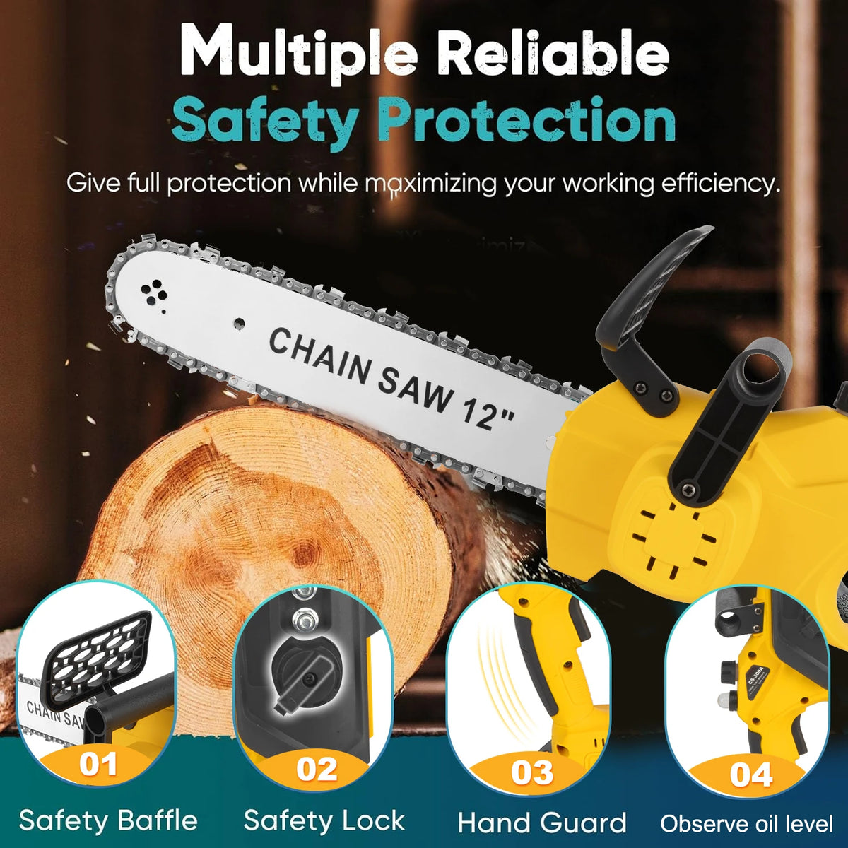 A yellow electric chainsaw is shown with various safety features like a baffle, lock, guard, and oil level observation.