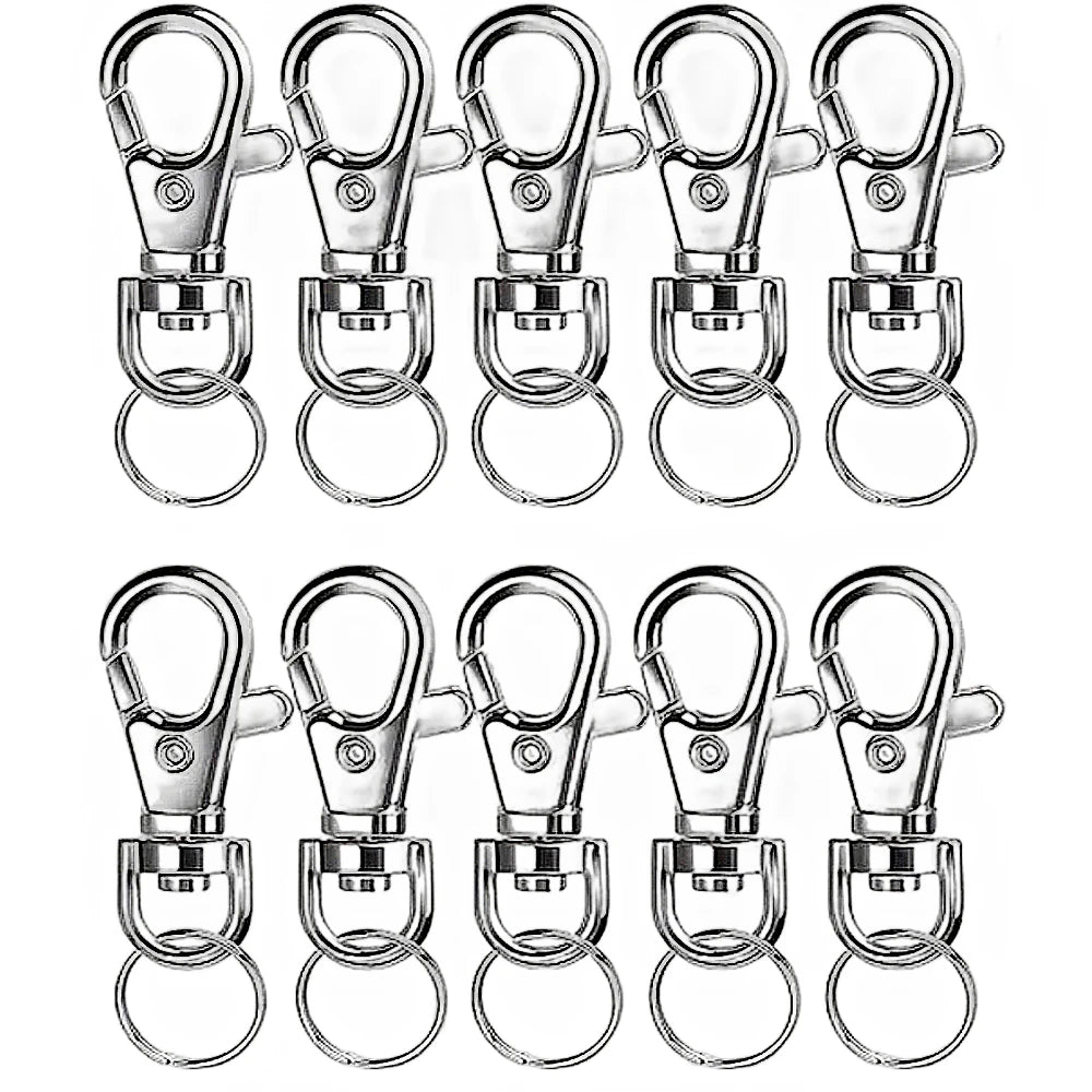 A set of silver swivel snap hooks with key rings shown in various configurations.
