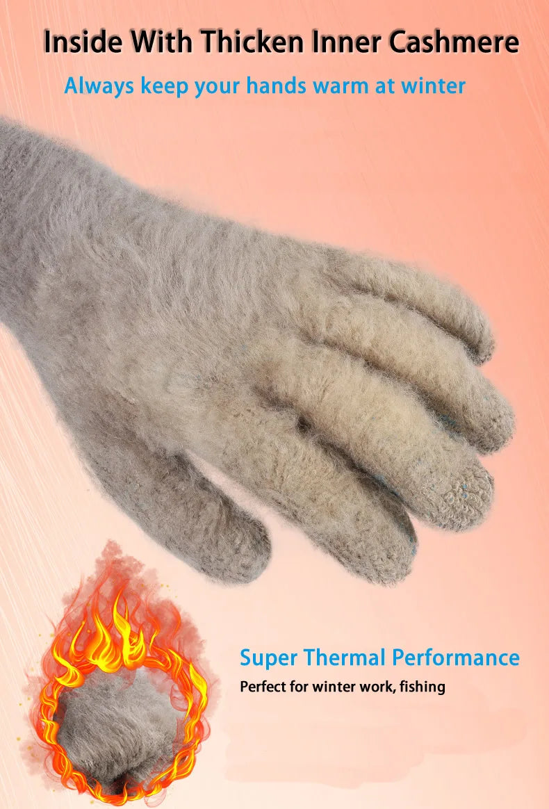 Close-up of a hand wearing thick inner cashmere winter gloves, showing super thermal performance.