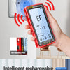 A hand holds a red digital multimeter with a red casing, demonstrating non-contact voltage testing.