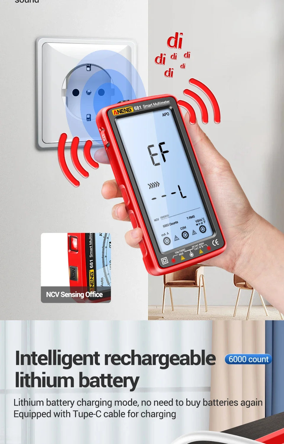 A hand holds a red digital multimeter with a red casing, demonstrating non-contact voltage testing.