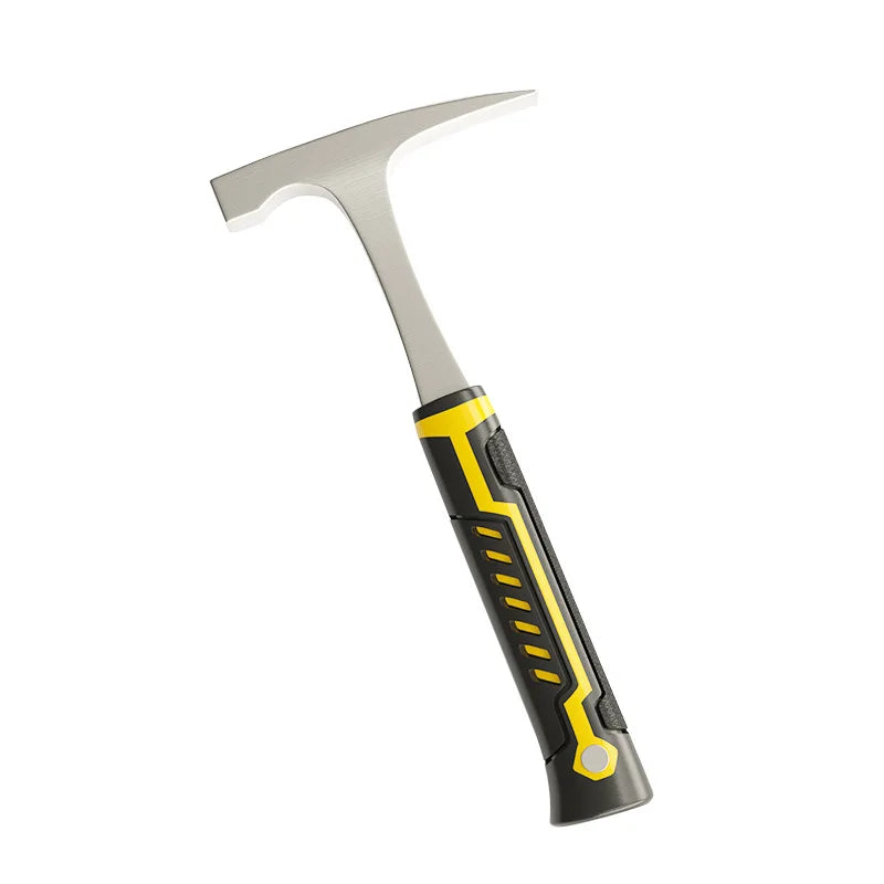 A silver forged geological rock pick hammer with a black handle and yellow accents.