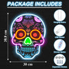 A glowing neon sign shaped like a skull, showing included components such as hanging chains, USB sockets, dimmer switches, an