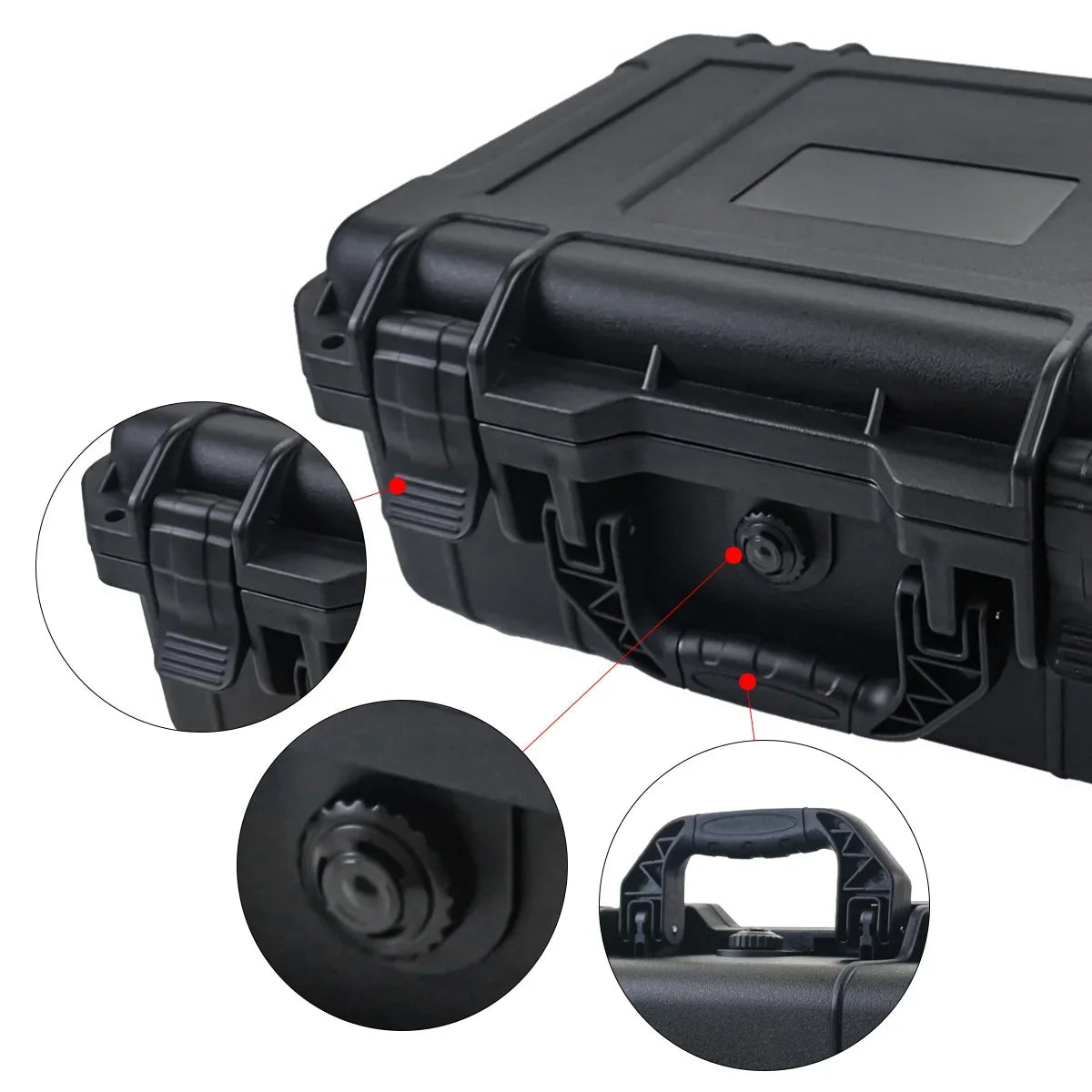 Black waterproof hard carry case with removable tool holders and sponge storage compartments