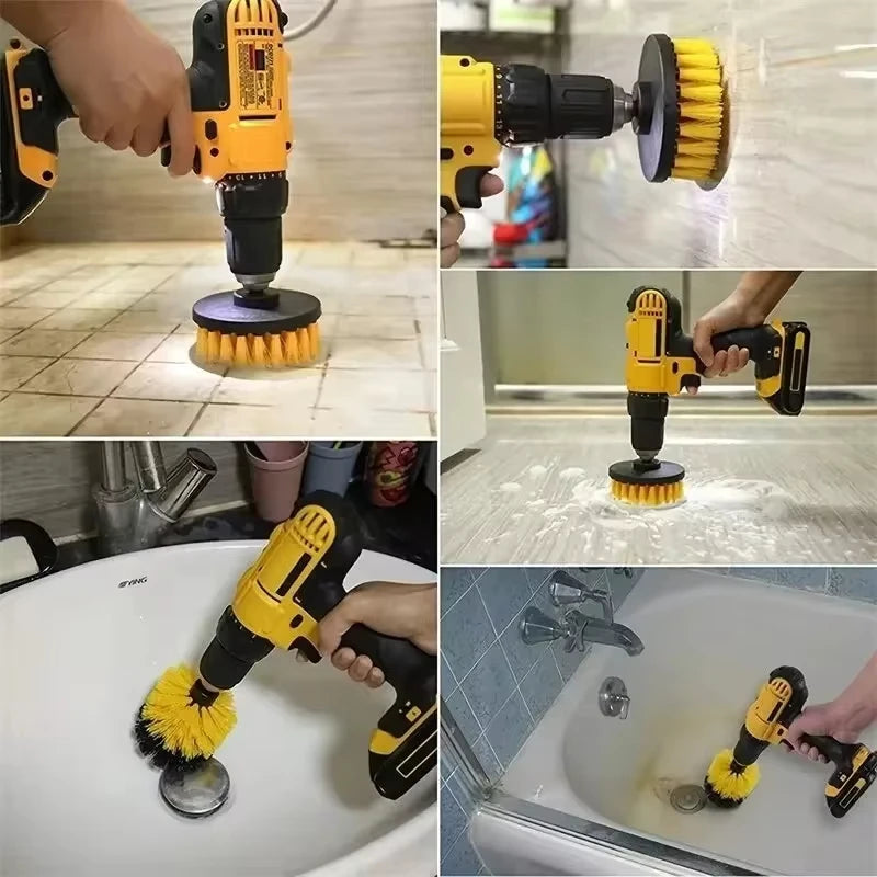 Un jeu de trois brosses à perceuse jaune et noire pour le nettoyage en profondeur.