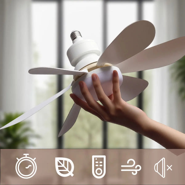 A hand is turning the blades of a white LED ceiling fan with a remote control in a bright room.