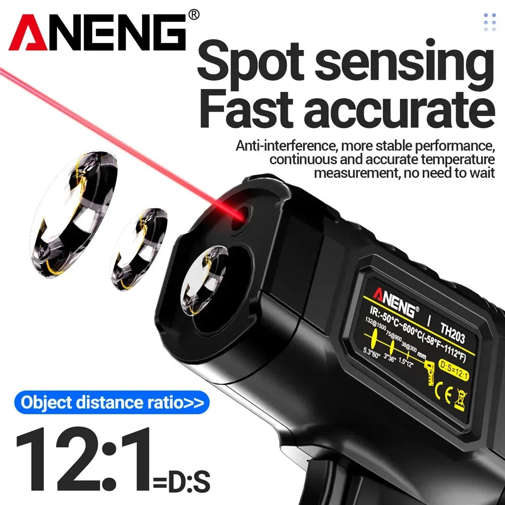 Aneng spot sensing thermometer showing a measurement, emphasizing accuracy and distance ratio.