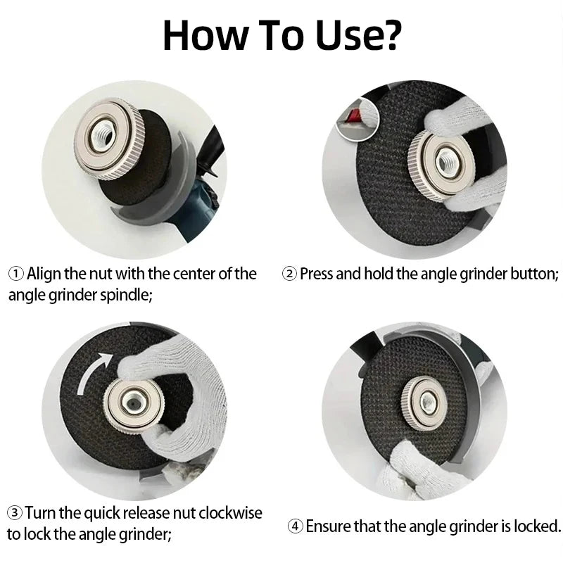 Instructions showing how to use a universal self-locking grinder with a pressing plate and angle grinder spindle.