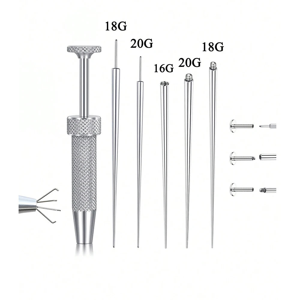 Stainless steel piercing ball grabber kit showing various gauge needles and tools