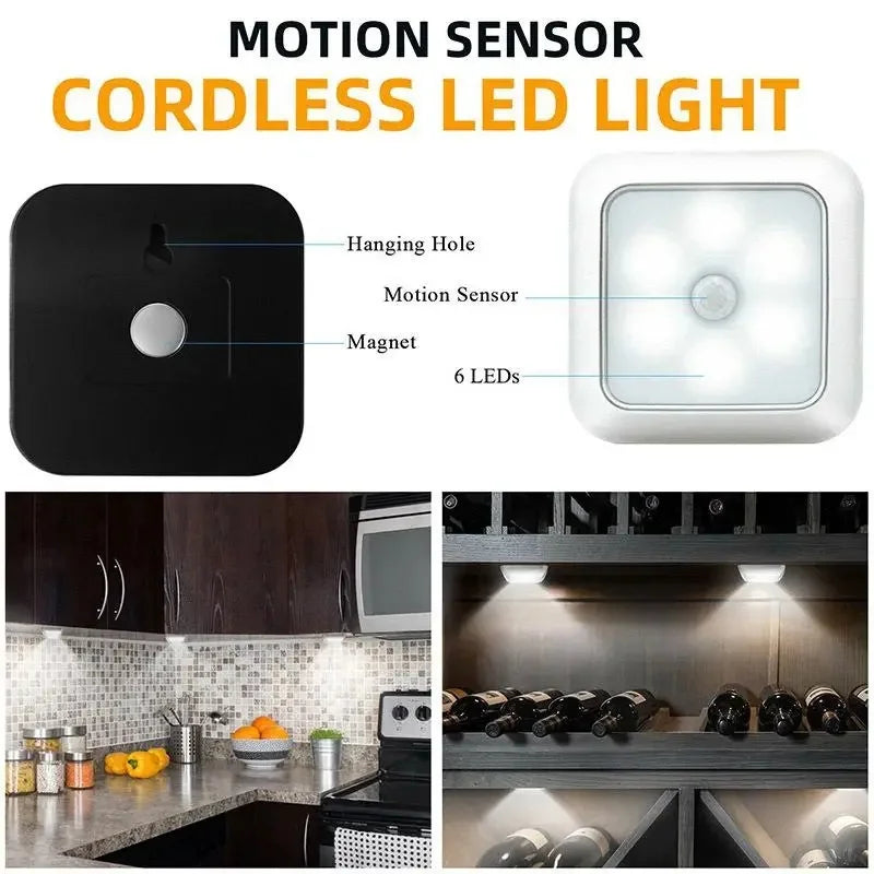 A white motion sensor cordless LED light is shown with diagrams illustrating its hanging hole, motion sensor, and 6 LEDs.
