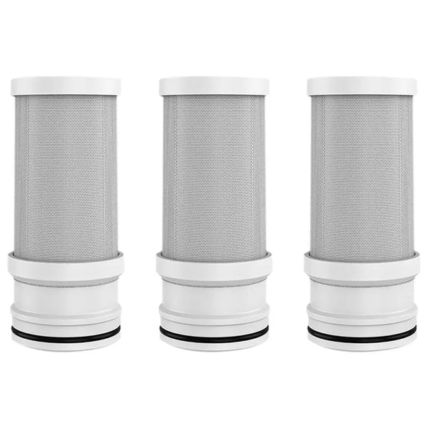 Three cylindrical gray faucet water filter replacement cartridges with white caps.