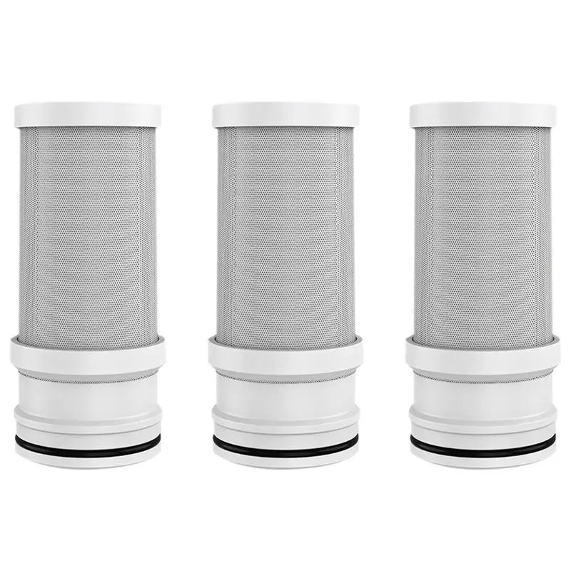 Three cylindrical gray faucet water filter replacement cartridges with white caps