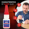 Bouteille de colle instantanée LooLfl 406 avec un bouchon rouge et un homme appliquant la colle sur une surface.