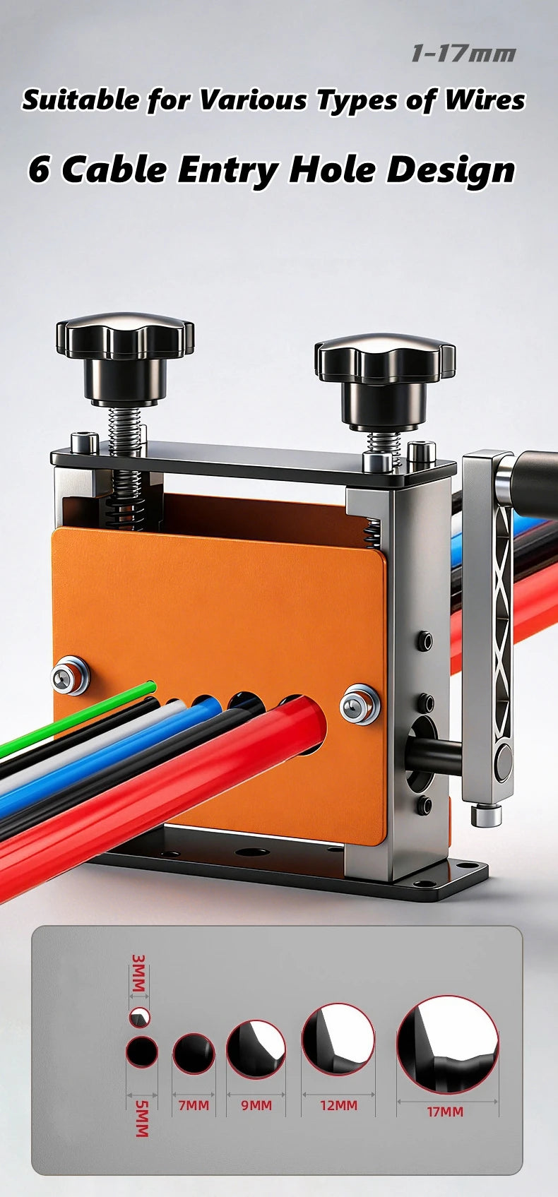 Professionelles Drahtstrippwerkzeug mit 6-Kabel-Eingang und verschiedenen Öffnungen für verschiedene Drahttypen.