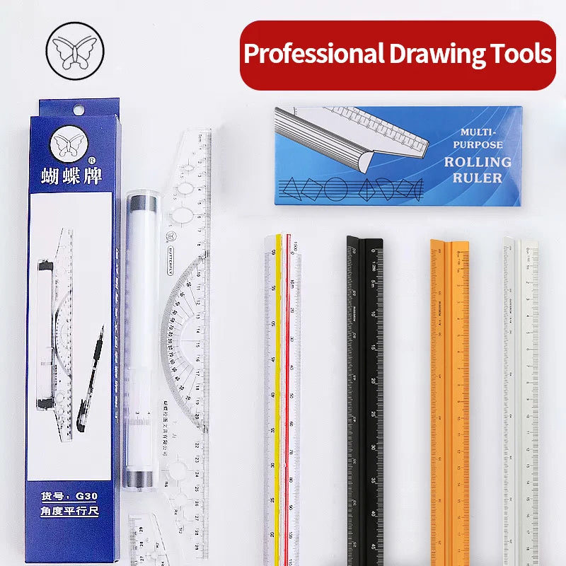 A set of professional drawing tools including a multi-purpose rolling ruler, various scales, and drafting instruments.