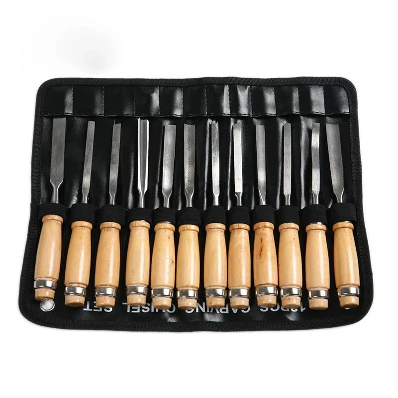 A black case holding a set of wooden carving chisels and tools.
