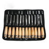 A black case holding a set of wooden carving chisels and tools.