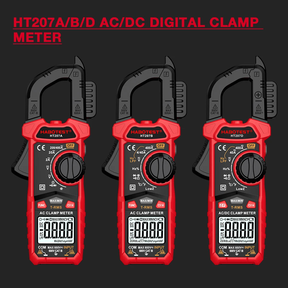 A red digital clamp meter labeled HT207A/B/D showing a display and clamp jaws.