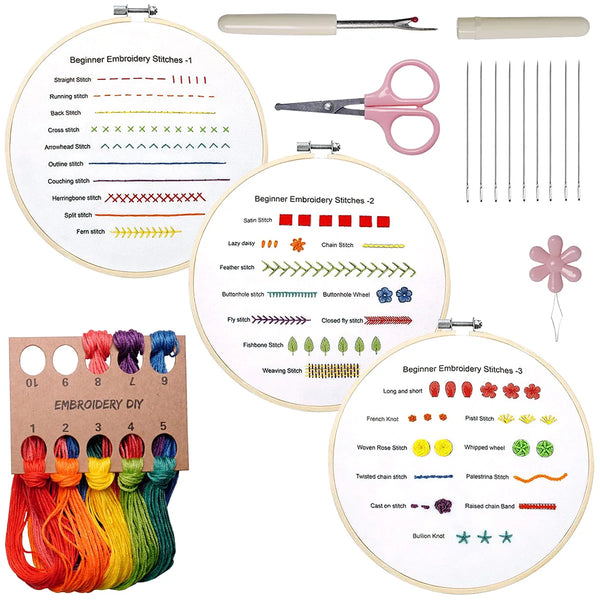 Anfänger-Stickkit mit verschiedenen Stichen und Garnfarben zum Erlernen von Sticktechniken.