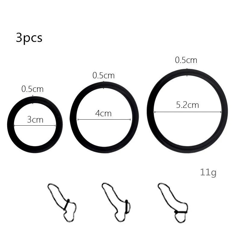 Three silicone rings of varying sizes and a diagram showing the shape of an erection enhancer ring.