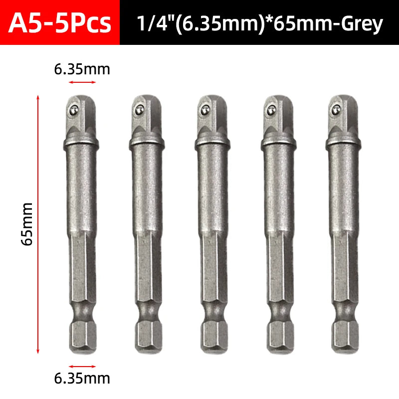 A set of five grey 1/4 inch socket adapters, each measuring 65mm long.
