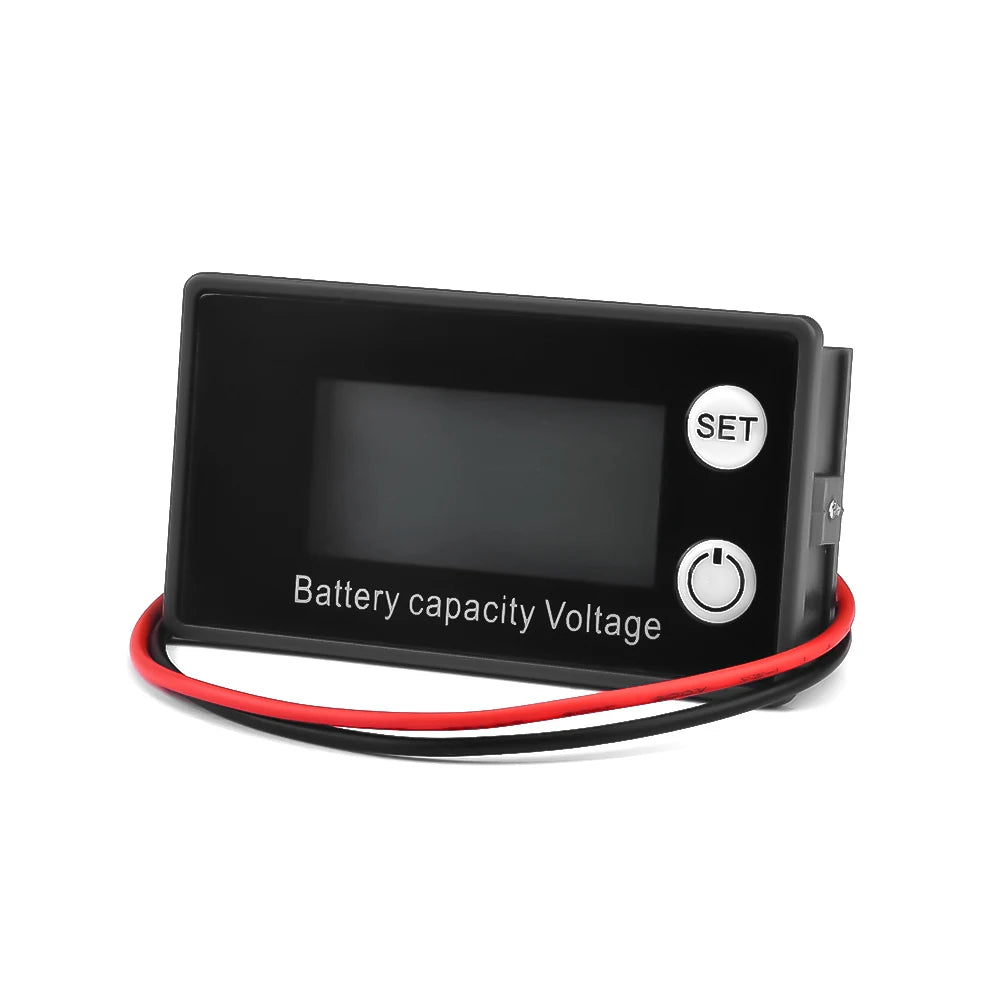 A black digital battery capacity tester device with a display, SET and power switch, and red and black cables.