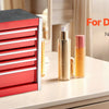 A red and silver 5-drawer metal portable toolbox for organizing cosmetics and jewelry in a dressing room.