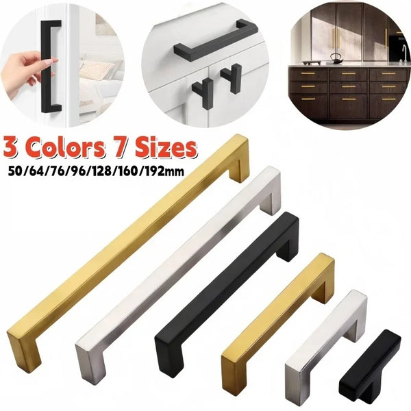 Set of 7 cabinet and drawer pulls in various finishes including gold, silver, black, and stainless steel.