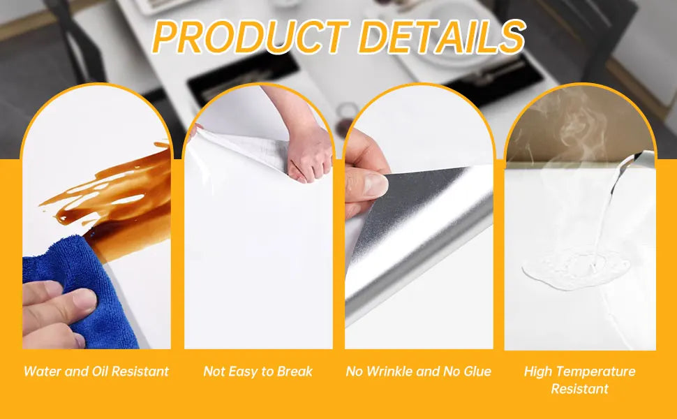 Product details showing water and oil resistance, durability, and high temperature resistance of pearlescent PVC self-adhesiv