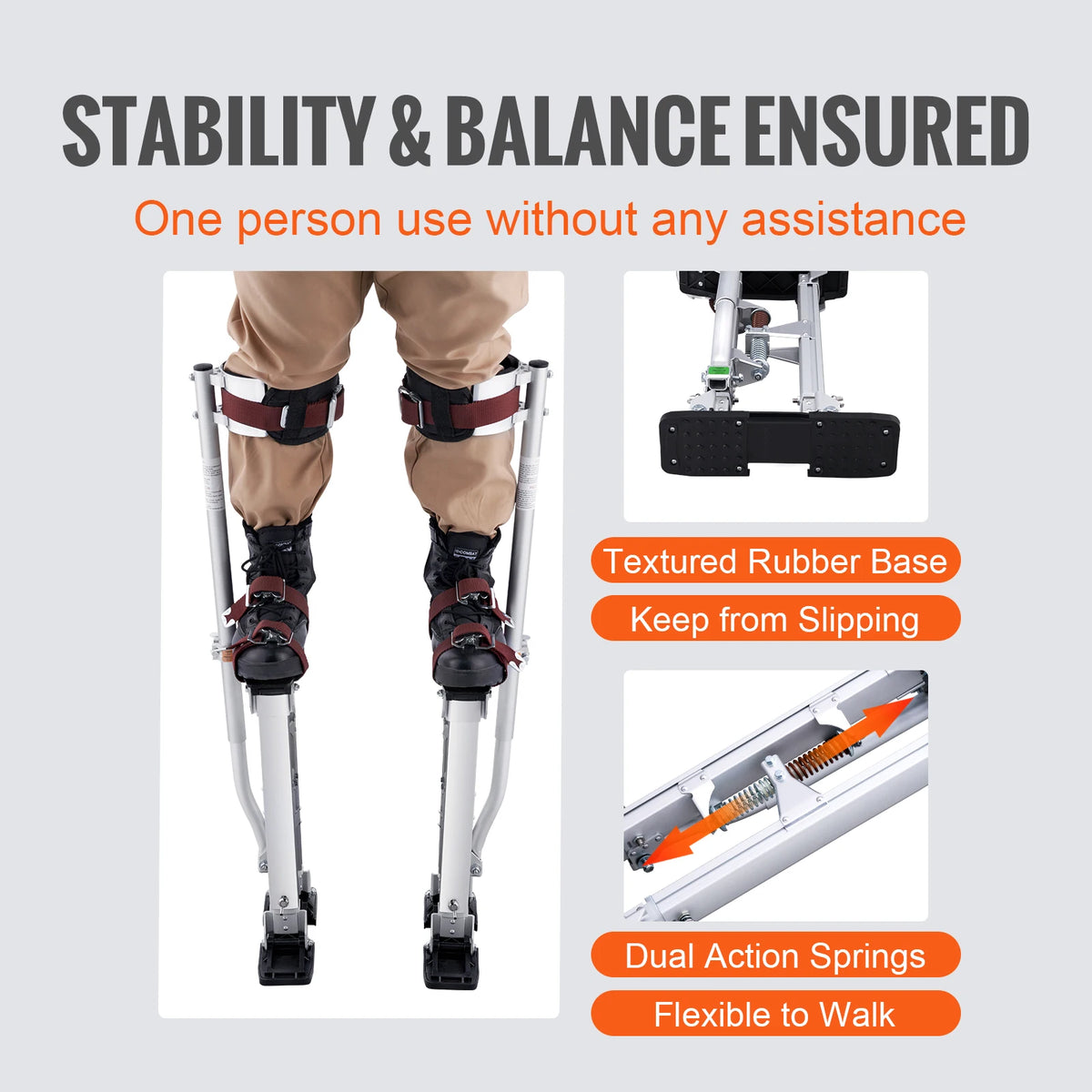 Adjustable aluminum drywall stilts with knee pads shown for stability and balance.