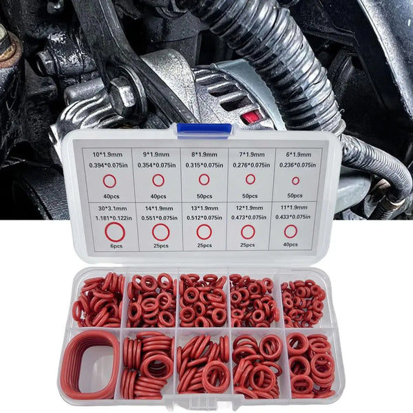 A set of multi-size silicone O-rings in red and black, packaged for sealing applications.