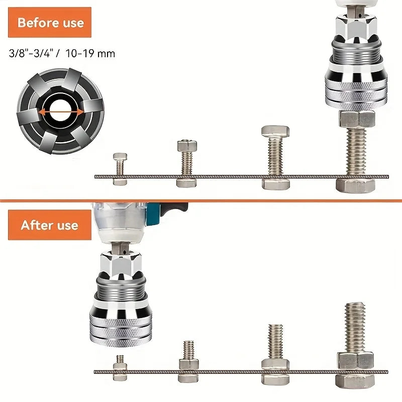 A set of adjustable universal socket wrenches shown before and after use, demonstrating the tool's function.