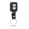 A black garage door opener remote replacement device with a silver body and a black lanyard ring.