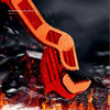 A close-up of a red woodworking drilling bit being used in a fiery context.