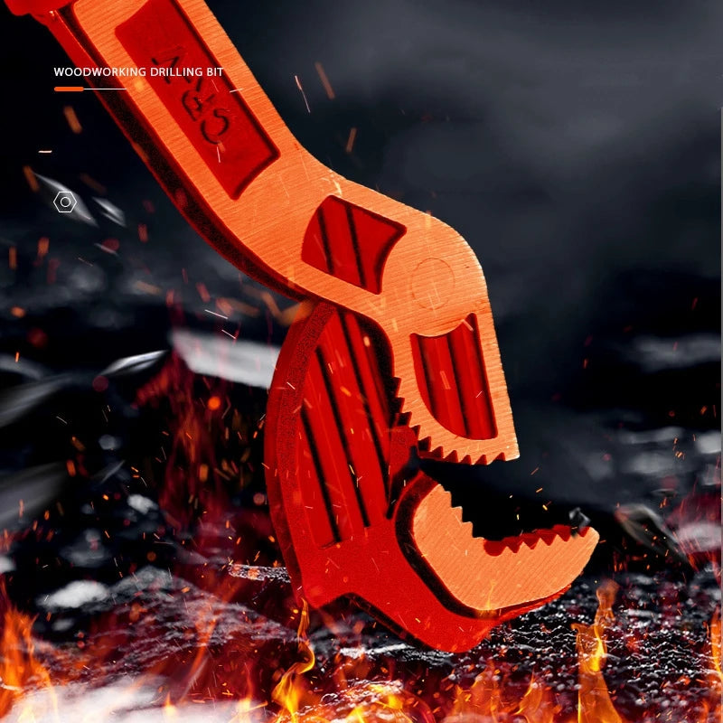 A close-up of a red woodworking drilling bit being used in a fiery context.