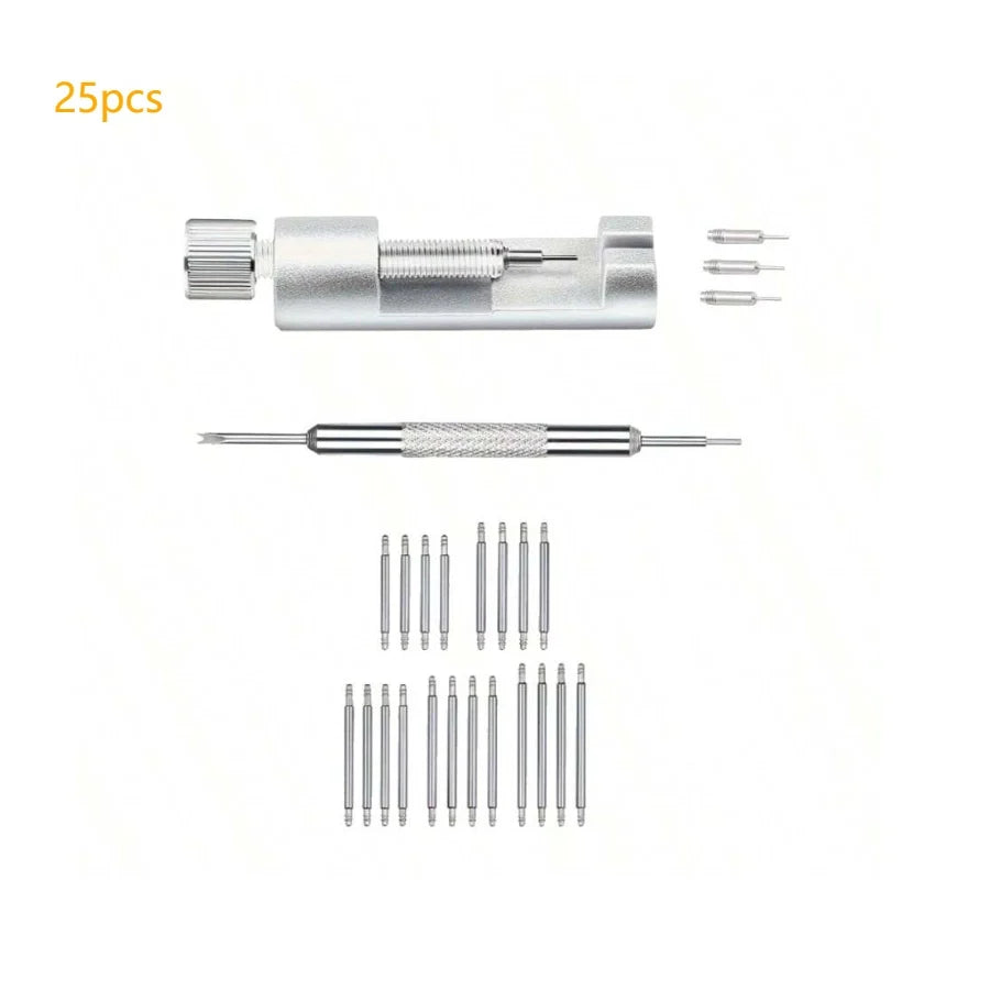 A set of watch link removal and repair tools including a main tool and multiple pins.