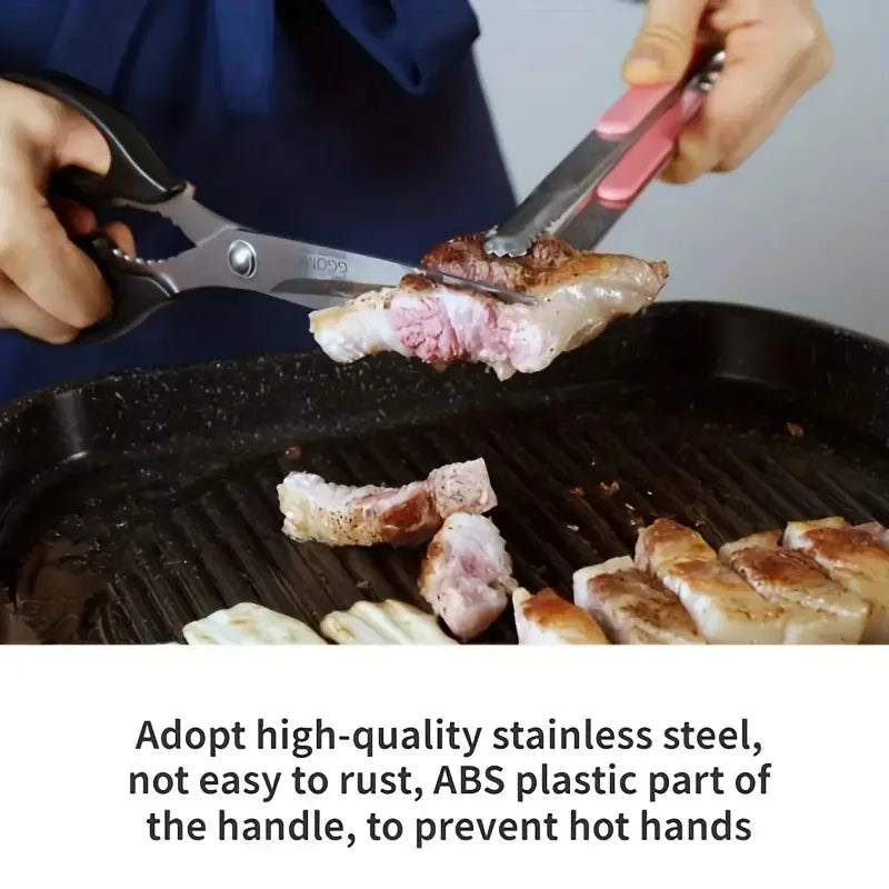 Hands using stainless steel BBQ grill tongs to flip meat on a grill grate.