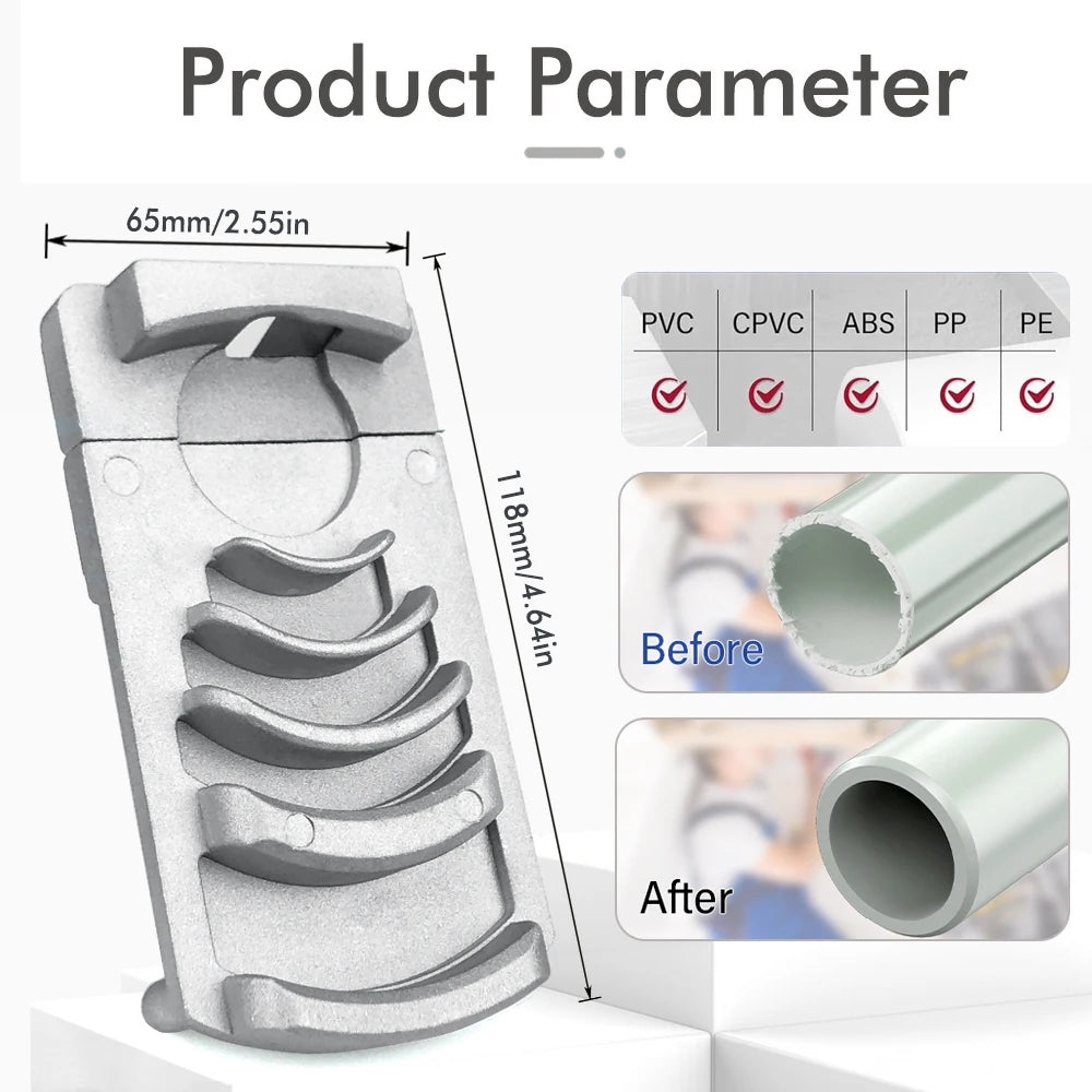 A precision tool set for deburring PVC pipes, showing before and after pipe finishing.