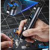 A hand holds a black cordless wireless soldering iron kit, demonstrating its adjustable torque features on a circuit board.