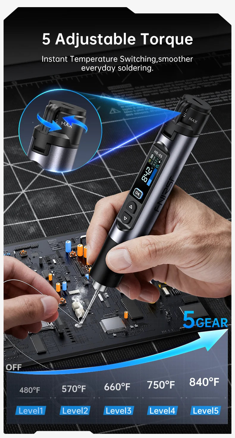 A hand holds a black cordless wireless soldering iron kit, demonstrating its adjustable torque features on a circuit board.