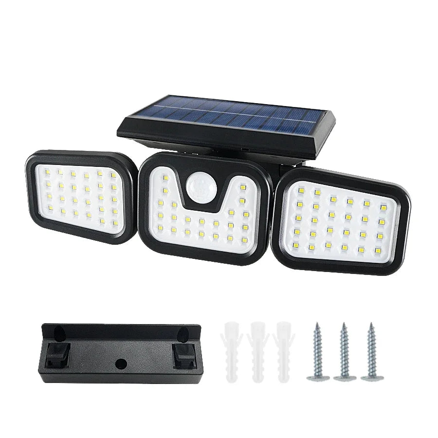 Ensemble de lumières LED solaires à détecteur de mouvement, extérieur, avec unité et matériel de montage.