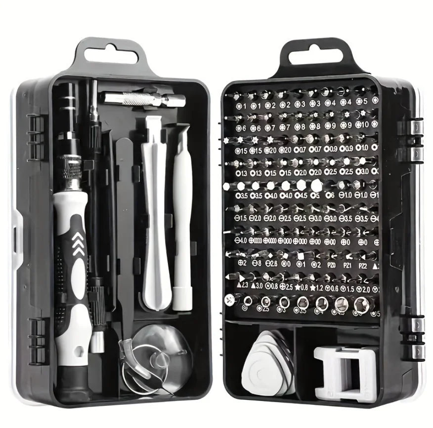 A black precision electronic repair tool kit containing various tools and components.