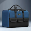 A dark blue and black heavy duty multi-compartment tool organizer bag with padded compartments.